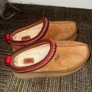 UGG Tan and Red Loafers with Plush Sheepskin Lining
